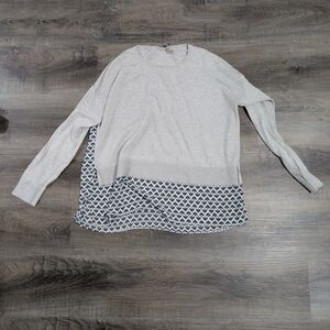 LOFT Light Oat Crewneck Long Sleeve with Navy Trim